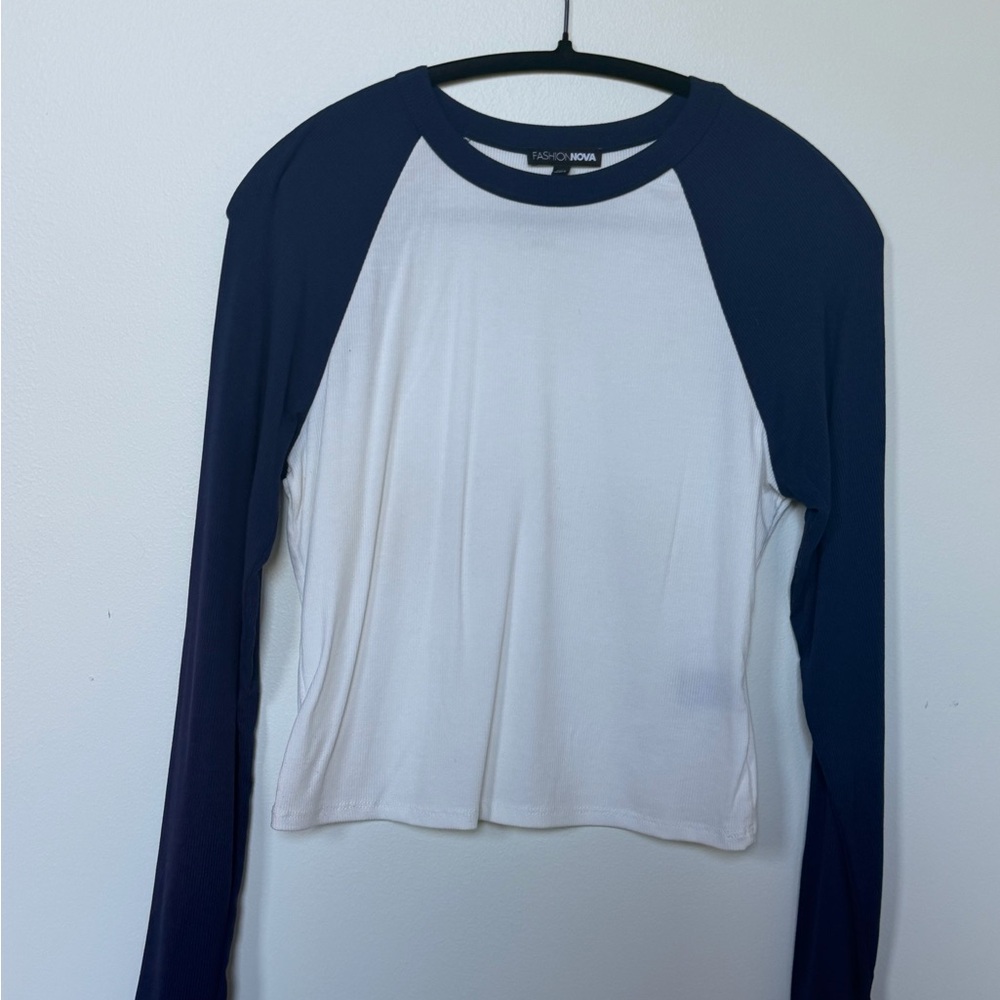 Fashion Nova White and Navy Raglan Long Sleeve Tee